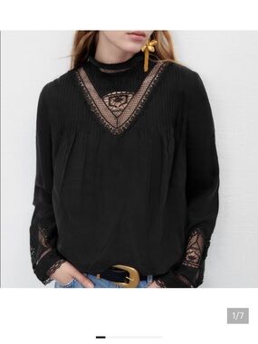 Zara Black Lace-Inset High Neck Blouse